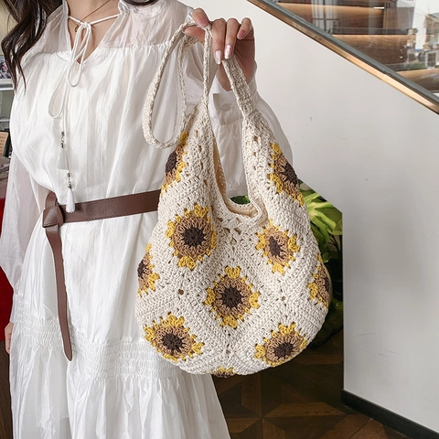 Sunflower Crochet Tote Bag Hand-Woven Cotton Shoulder Handbag Bohemian Summer Beach Casual For Women