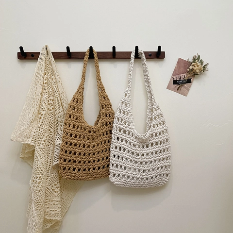 Woven Schultertasche Gehäkelte Baumwollseil Ausgehöhlt Gitter Mesh Tote Casual Boho Sommer Strand Handtasche Für Damen