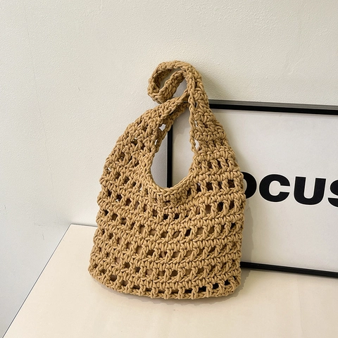 Woven Schultertasche Gehäkelte Baumwollseil Ausgehöhlt Gitter Mesh Tote Casual Boho Sommer Strand Handtasche Für Damen