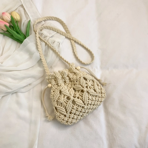 Handgefertigte Gewebte Eimertasche Damen Bohemian Macrame Hohlmuster Kordelzug Schulter Umhängetasche Urlaub Lässig