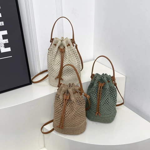 Damen Mode Geflochtene Stroh Eimertasche Kordelzug Hohl Schulter Umhängetasche Urlaub Strand Handtasche Mit Lederriemen