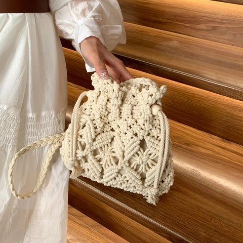 Handgefertigte Gewebte Eimertasche Damen Bohemian Macrame Hohlmuster Kordelzug Schulter Umhängetasche Urlaub Lässig