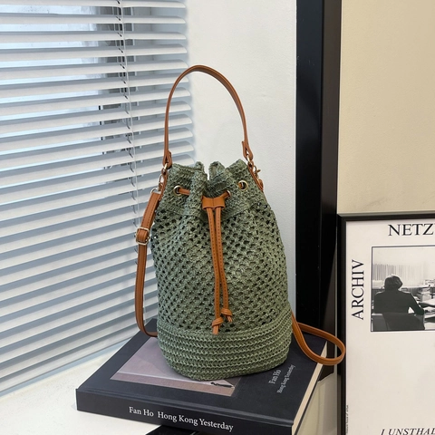 Damen Mode Geflochtene Stroh Eimertasche Kordelzug Hohl Schulter Umhängetasche Urlaub Strand Handtasche Mit Lederriemen