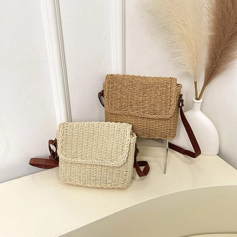 Borsa a Tracolla in Paglia Intrecciata a Mano per Donna Borsa a Tracolla Minimalista Patta Estate Spiaggia Vacanza