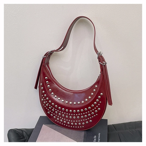 Punk Nieten Halbmond Hobo Tasche Für Frauen PU Leder Silber Studded Schultertasche Große Kapazität Unterarmtasche Streetwear