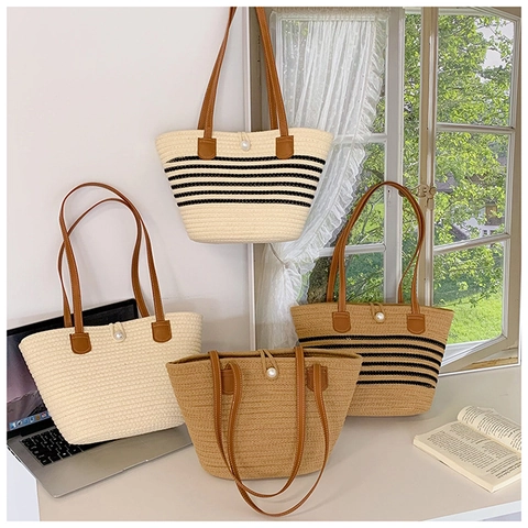 Woven Straw Tote Bag Large Capacity Striped Handbag Artificial Pearl Buckle PU Leather Handles Summer Beach Vacation Shoulder Bag
