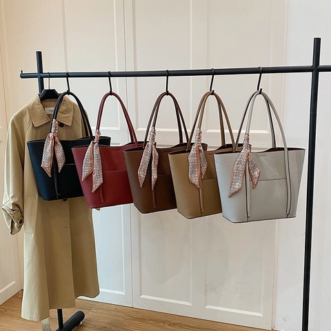 Große Tote Bag Aus PU Leder Mit Litchi Narbung Und Dekorativem Satinnschal Einfache Pendler Handtasche Für Damen