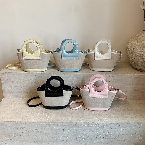Patchwork Gewebte PU Leder Umhängetasche Mode Handtasche Runder Griff Kleine Eimer Schulter Underarm Tasche Für Damen