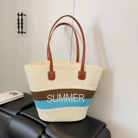Sommer Strand Stroh Tragetasche Große Kapazität Gewebte Handtasche Mit PU Ledergriff Gestreifte Buchstabenstickerei Urlaub