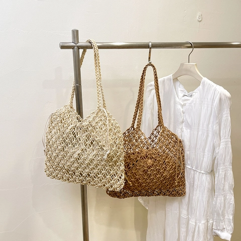 Woven Tote Tasche Netz Handtasche Mit Kordelzug Innenfutter Baumwollseil Schultertasche Für Damen Sommer Strandurlaub