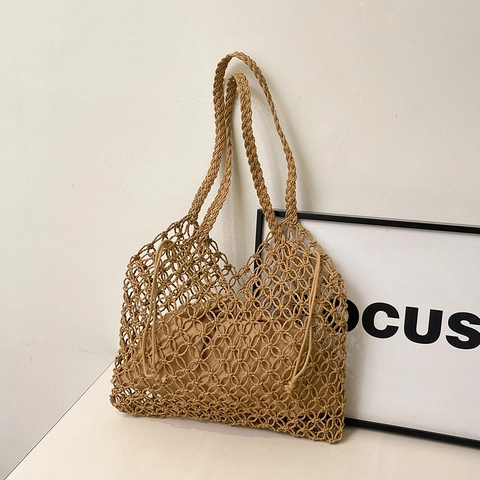 Woven Tote Tasche Netz Handtasche Mit Kordelzug Innenfutter Baumwollseil Schultertasche Für Damen Sommer Strandurlaub