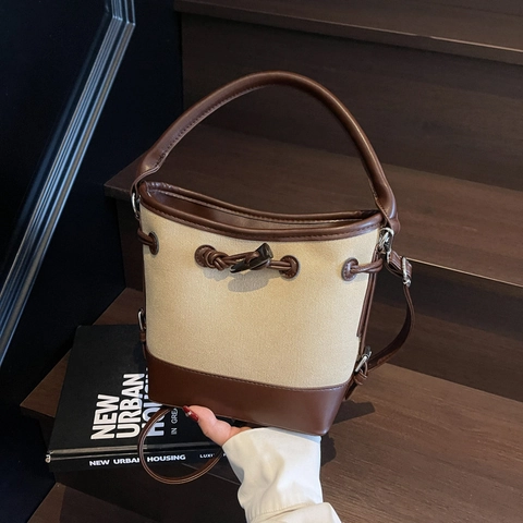 Bolso Cubo De Lona Patchwork Mujer Retro Color Contrastado Cordón Hombro Bandolera Diseño De Nicho Simple