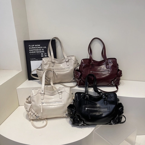 Grote Draagtas Van PU Leer Retro Motorstijl Multi Zak Schouder Crossbody Tas Voor Dames Dagelijks Woon Werkverkeer