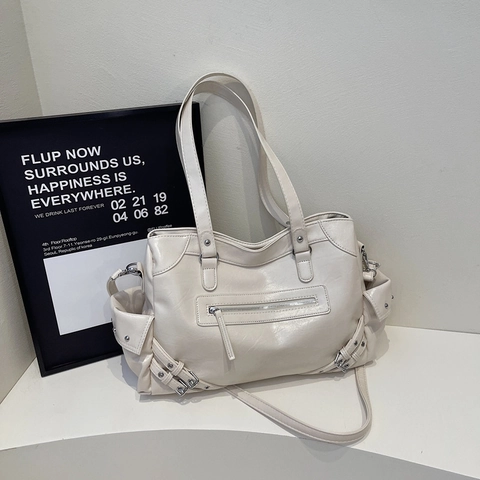 Grote Draagtas Van PU Leer Retro Motorstijl Multi Zak Schouder Crossbody Tas Voor Dames Dagelijks Woon Werkverkeer