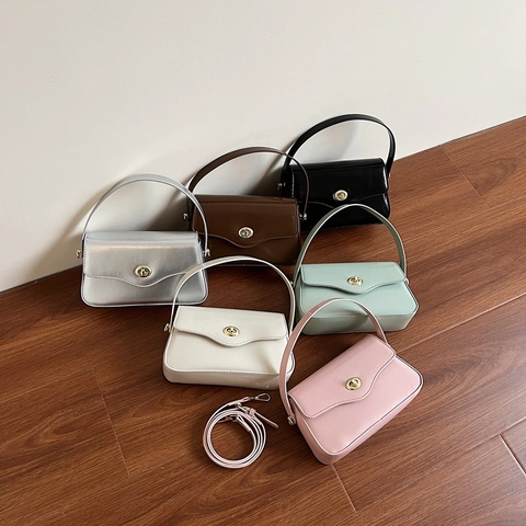 Retro Crossbody Bag Glossy PU Leather Metallic Turn Lock Flap Shoulder Handbag For Women Simple Commuting Square Shape