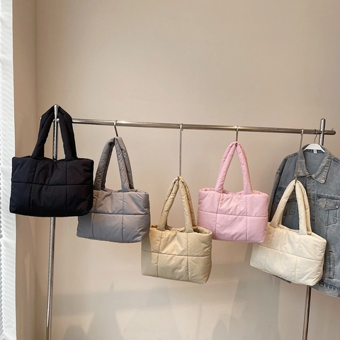 Quilted Puffer Tote Bag Large Capacity Nylon Down Cotton Padded Lightweight Casual Fashion Solid Color Shoulder Handbag Women