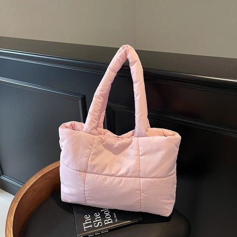 Quilted Puffer Tote Bag Large Capacity Nylon Down Cotton Padded Lightweight Casual Fashion Solid Color Shoulder Handbag Women
