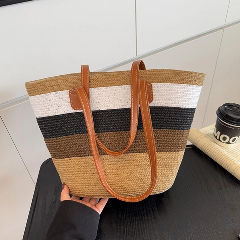 Borsa Tote Paglia Donna E Cappello Sole Coordinato Grande Capacità Spiaggia Vacanze Estive Viaggio Borsa Mano Minimalista