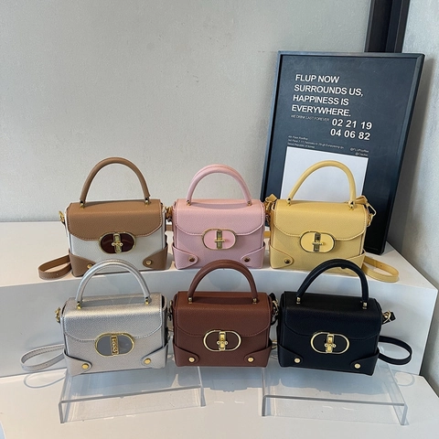 Women Small Square Handbag Lychee Pattern PU Leather Crossbody Bag Gold Metal Lock Elegant Vintage Shoulder Bag