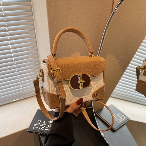 Women Small Square Handbag Lychee Pattern PU Leather Crossbody Bag Gold Metal Lock Elegant Vintage Shoulder Bag