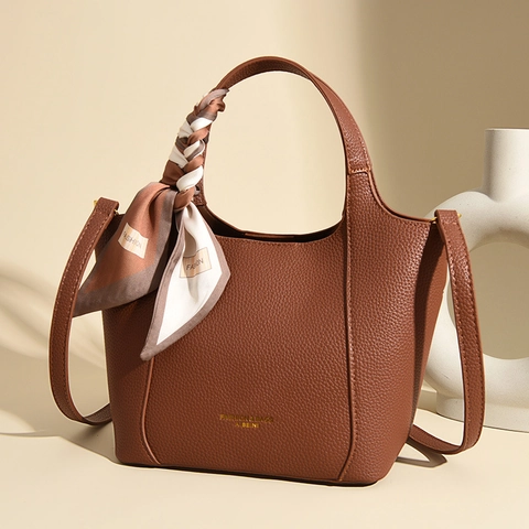 Women PU Leather Lychee Pattern Handbag With Satin Scarf Retro Large Capacity Crossbody Shoulder Bag Zipper Closure