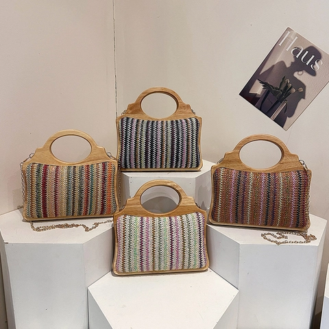 Sac À Main En Paille Avec Poignée En Bois Bohème Rayé Coloré Sac À Bandoulière Style Ethnique Vintage Pour Femmes