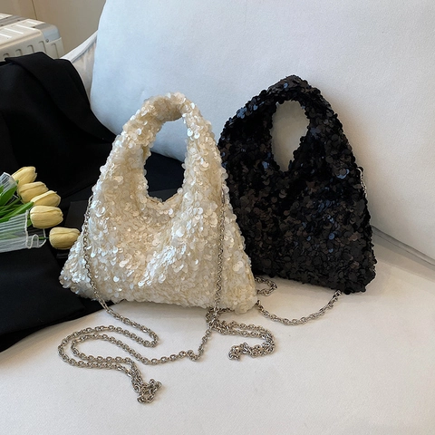 Sequin Women Dumpling Bag PU Leather Shiny Party Evening Handbag With Silver Metal Chain Strap Crossbody Shoulder Bag