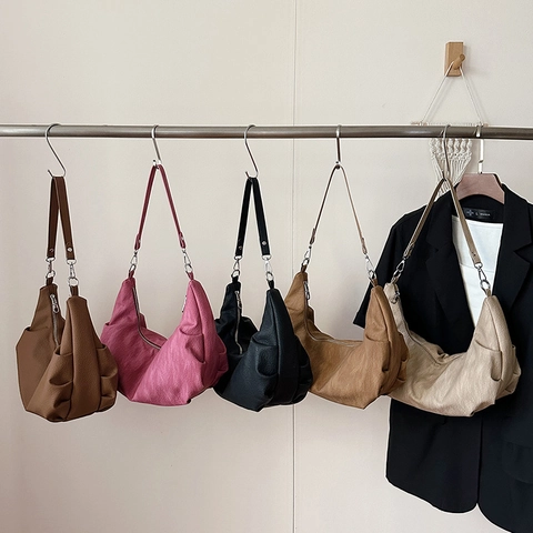 Vintage Soft PU Leather Dumpling Hobo Bag Large Capacity Slouchy Pleated Underarm Shoulder Bag For Women Daily Commute