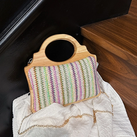 Sac À Main En Paille Avec Poignée En Bois Bohème Rayé Coloré Sac À Bandoulière Style Ethnique Vintage Pour Femmes