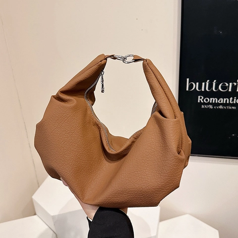 Vintage Soft PU Leather Dumpling Hobo Bag Large Capacity Slouchy Pleated Underarm Shoulder Bag For Women Daily Commute