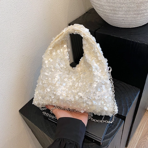 Sequin Women Dumpling Bag PU Leather Shiny Party Evening Handbag With Silver Metal Chain Strap Crossbody Shoulder Bag
