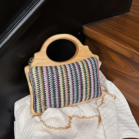 Bolso de Hombro de Paja Tejida para Mujer Bohemio Colorido Rayado Bolso Cruzado Mango de Madera Bolso de Mano con Cadena