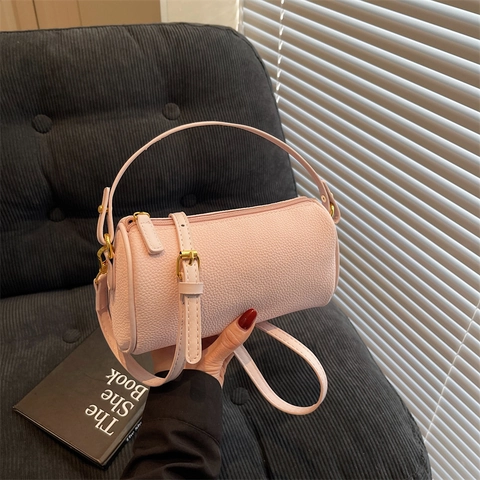 Women Pebbled PU Leather Barrel Crossbody Bag Cylinder Handbag With Top Handle Adjustable Strap For Daily Commute Casual