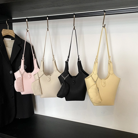 Sac Seau Et Mini Porte-Monnaie En Cuir PU Grain Lychee Sac À Main À Bandoulière Grande Capacité Pour Femmes Chic Urbain Simple