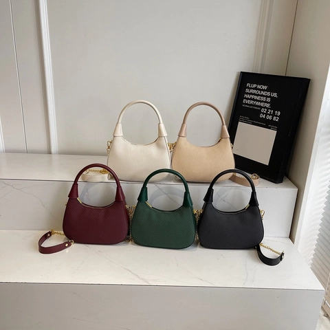 Women PU Leather Hobo Bag Woven Texture Underarm Shoulder Bag Gold Chain Strap Korean Style Trendy Crescent Handbag