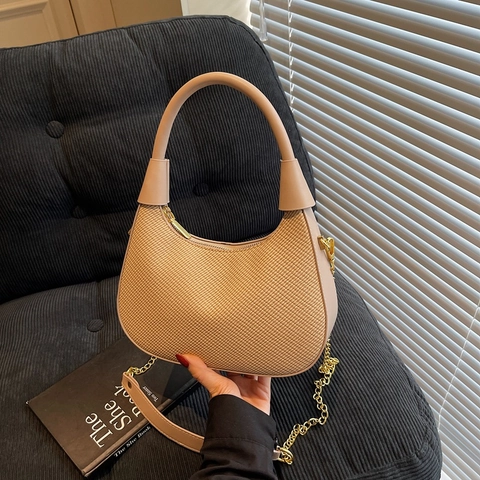 Women PU Leather Hobo Bag Woven Texture Underarm Shoulder Bag Gold Chain Strap Korean Style Trendy Crescent Handbag