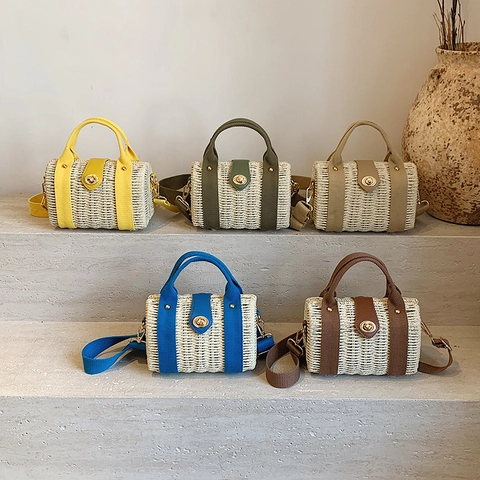 Damen Gewebte Stroh Handtasche Sommer Strand Urlaub Crossbody Tote Mit Segeltuchriemen Und Metall Drehverschluss Retro Stil