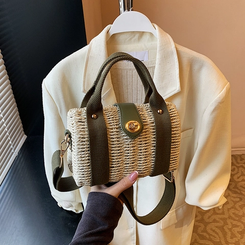 Damen Gewebte Stroh Handtasche Sommer Strand Urlaub Crossbody Tote Mit Segeltuchriemen Und Metall Drehverschluss Retro Stil