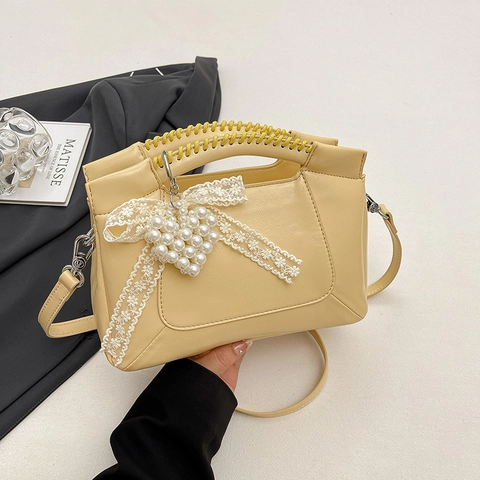 Women Crossbody Bag PU Leather Braided Handle Artificial Pearl Heart Pendant Lace Bow Sweet Elegant Fashionable Shoulder Handbag