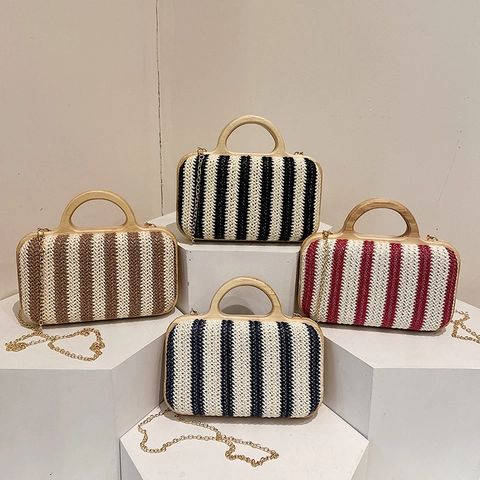 Women Striped Straw Woven Evening Bag With Wood Handle Metal Chain Strap Retro Summer Beach Vacation Handbag