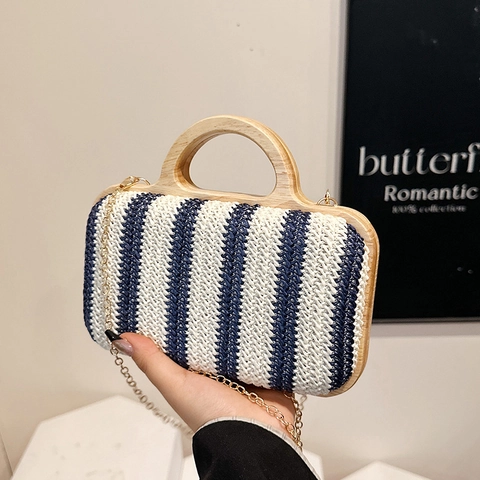 Women Striped Straw Woven Evening Bag With Wood Handle Metal Chain Strap Retro Summer Beach Vacation Handbag