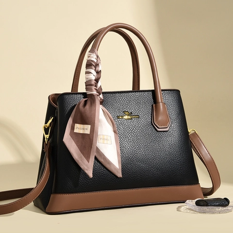 Dames Luxe Lychee Patroon Split Leer Handtas Elegant Kleurblok Woon-werkverkeer Tote Bag Met Sjaal Decor Schouder Handtas