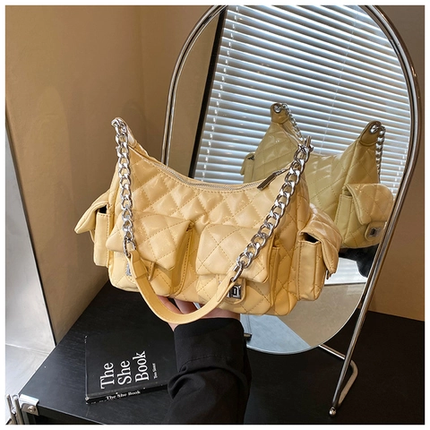 Borsa A Spalla Trapuntata Sottobraccio Con Tasche Multiple In Pelle PU Motivo A Quadri Catena Argentata Borsa A Mano Moto Y2K Di Tendenza