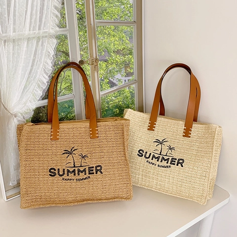 Woven Stroh Tragetasche Große Kapazität Sommer Strand Handtasche Mit PU Ledergriffen Palmenmuster Urlaub Reise Damen