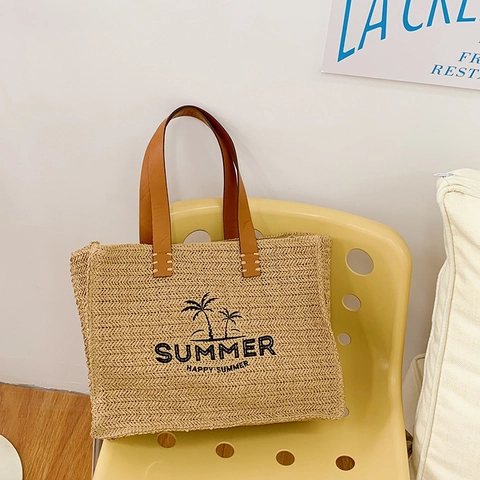 Woven Stroh Tragetasche Große Kapazität Sommer Strand Handtasche Mit PU Ledergriffen Palmenmuster Urlaub Reise Damen