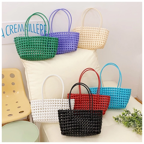 Women Hollow Woven Handbag PVC Plastic Basket Tote Bag Summer Beach Vacation Fashion Large Capacity Shoulder Bag