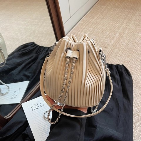 Women Pleated Bucket Bag PU Leather Simple Drawstring Shoulder Crossbody Handbag Fashion Casual Large Capacity