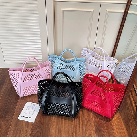 Women Hollow Out Tote Bag PVC Mesh Geometric Handbag Large Capacity Summer Beach Casual Solid Color