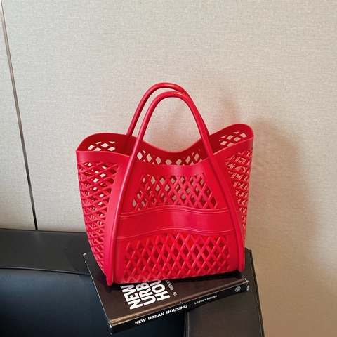Women Hollow Out Tote Bag PVC Mesh Geometric Handbag Large Capacity Summer Beach Casual Solid Color