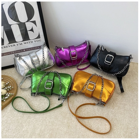 Borsa A Spalla Metallizzata Donna Borsa Baguette Con Catena Argento Grande Fibbia Quadrata Y2K Moda Borse A Tracolla